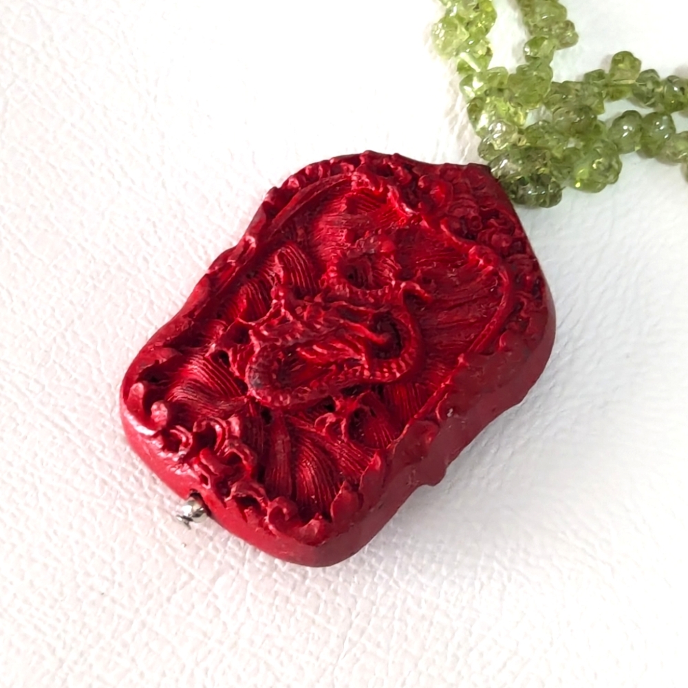 Hand carved Dragon Necklace | Hand Strung Peridit Beads | Precious Gemstones | - Picture 3 of 11
